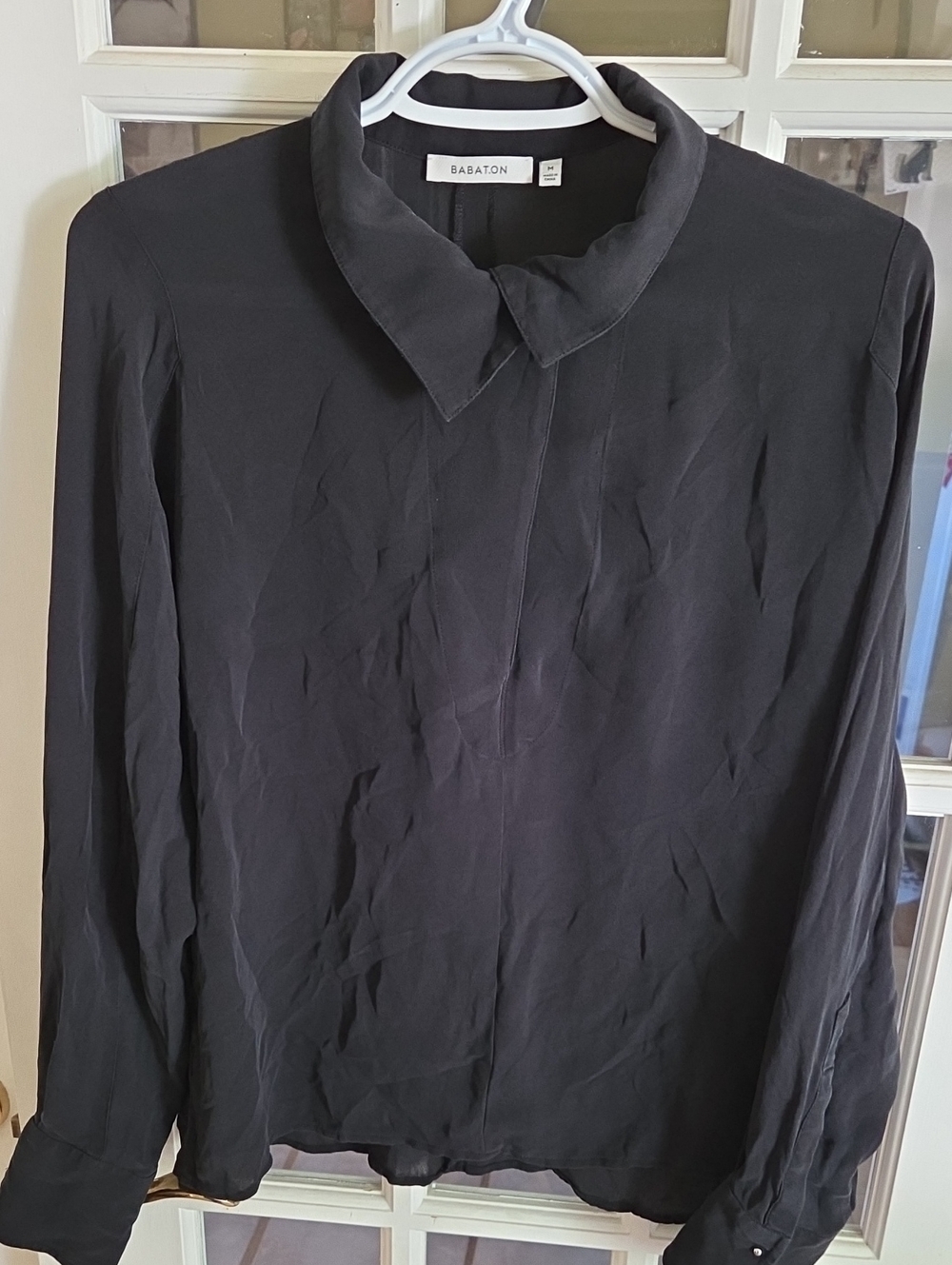 Babaton 100% Silk Black Collared Long-Sleeve Dress Shirt
